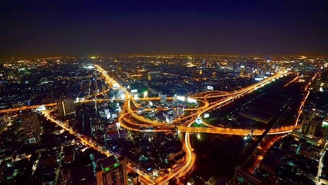 city, aerial view, illuminated
